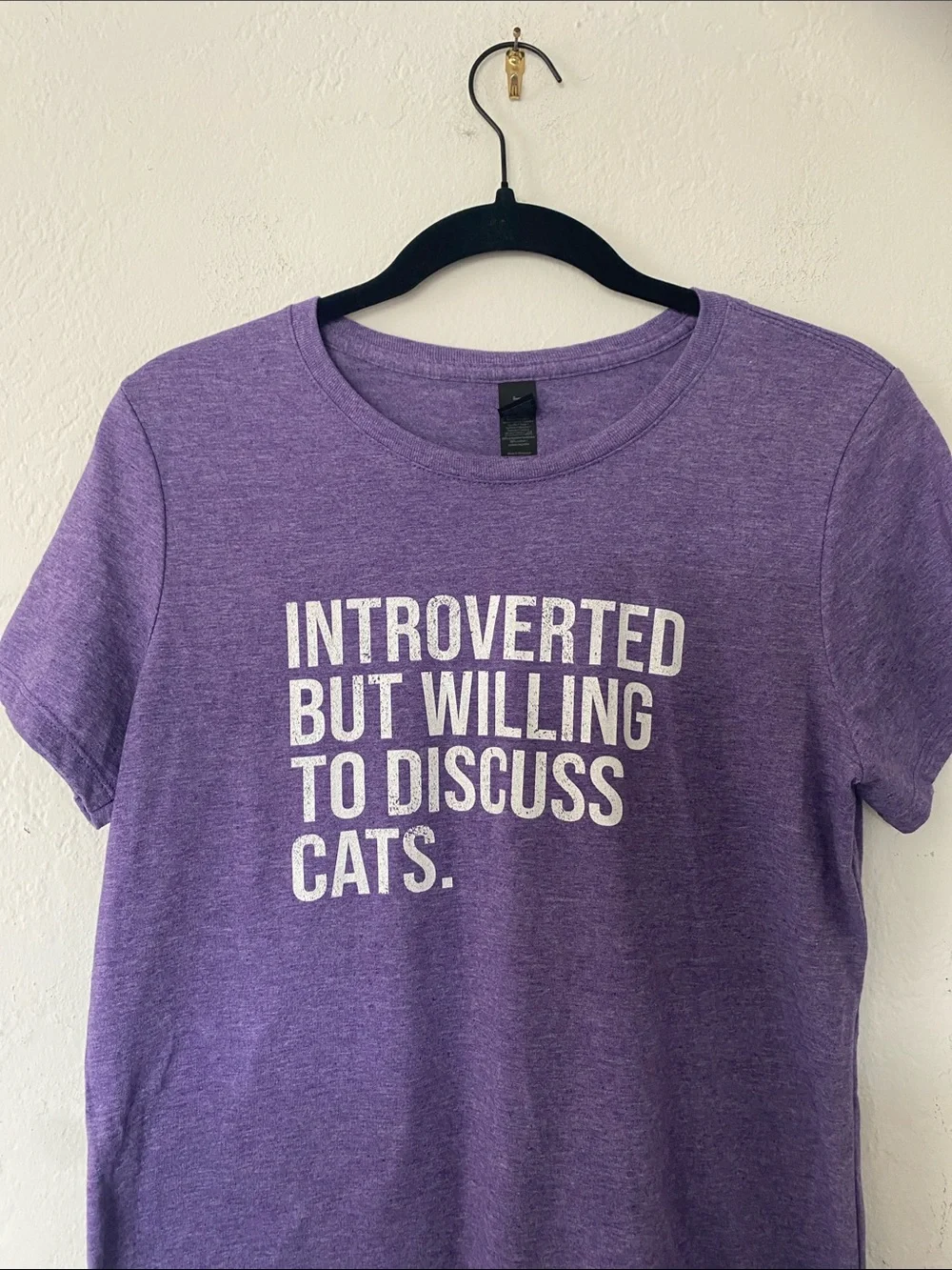 Gildan Purple Tee with White 'Introverted But Willing To Discuss Cats' Print